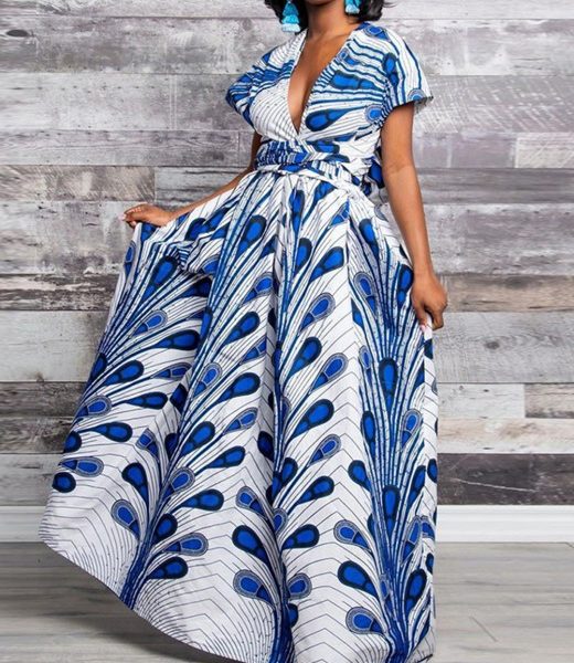 Peacock Print Empire Waist Maxi Dress Ladies Elegance